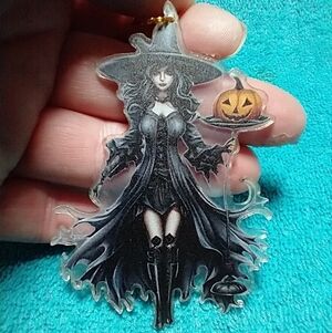 Cute witch with pumpkin wall hanger art rear view mirror black orange wicca goth